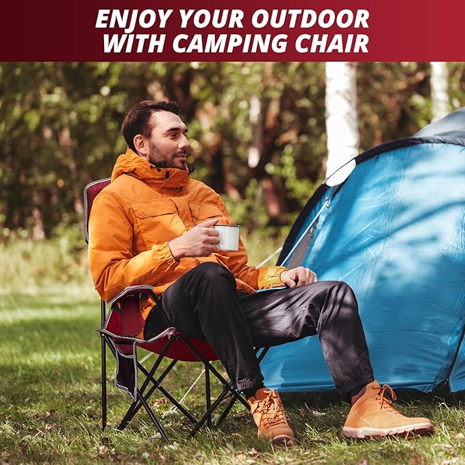 Mesh Folding Camping Chairs, Oversized Portable Outdoor Chairs, Weight Capacity 325 lbs with Cup Holder, Storage Pocket, Carry Bag Red
