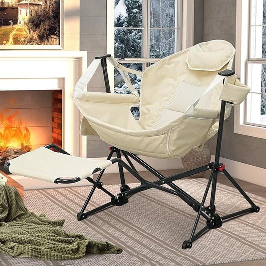 Ainfox Hammock Chair with Footrest, Oversized Swinging Portable Folding Camping Chairs for Adults Outside Swinging Camp with Cup Holder Pillow for Outdoor Patio Lawn Beige