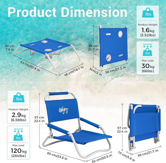 #WEJOY 2 Pack Beach Chairs and Table Set Folding Low Beach Chairs for Adults Lightweight Outdoor Chair with Carry Bag for Lawn Camping Picnic Sports Blue Chair & Table Set