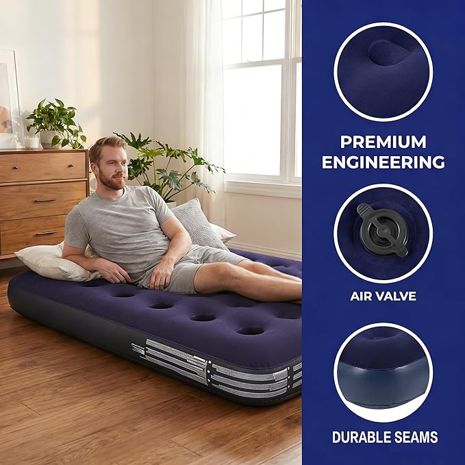 Twin Size Air Mattress - Portable Foldable Comfortable Inflatable Airbed Lightweight Bed for Camping, Home and Travel Pad - Easy to Set Up - Ideal for Kids, Adults, and Guests