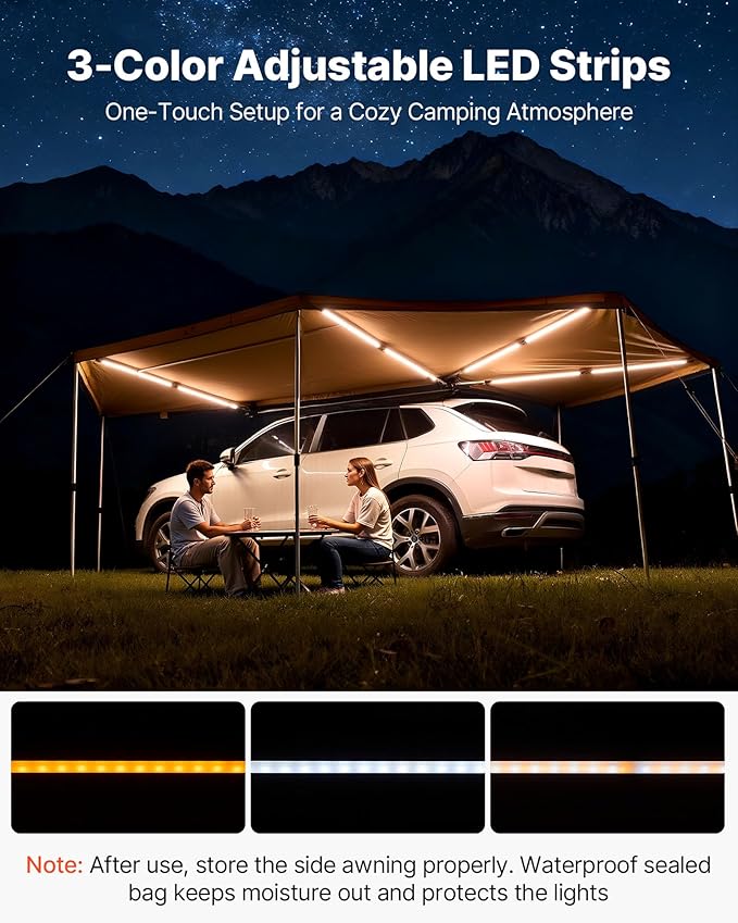 VEVOR 270 Degree Awning with Bulit-in LED Lights, 117 sq.ft Driver Side Vehicle Awning, Waterproof UV50+ Car Side Awnings, All-Weather Free-Standing Overland Awnings Car Shelter for SUV Truck Camping