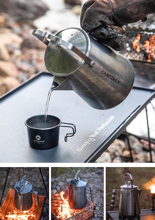 CAMPINGMOON 1.5L Campfire Kettle Stainless Steel Camping Coffee Pot Full capacity 1.86L SW-6
