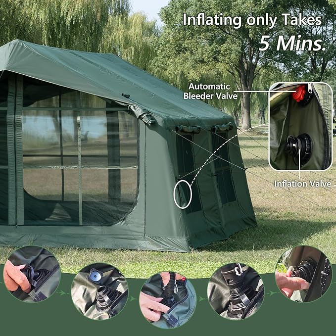 Inflatable Camping Tent with Hand Pump Waterproof Outdoor Blow up Tent 2-8 Person Oxford 4 Season Glamping Air Tent Cabin House with Mesh Windows & Door