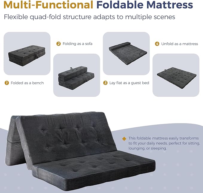 MAXYOYO Folding Mattress, 4 Inch Tufted Foldable Mattress Full Foam Bed, Tri-Fold Floor Couch with Handles Guest Bed Topper Portable Camping Mat with Corded Fabric, Full Size, Dark Grey
