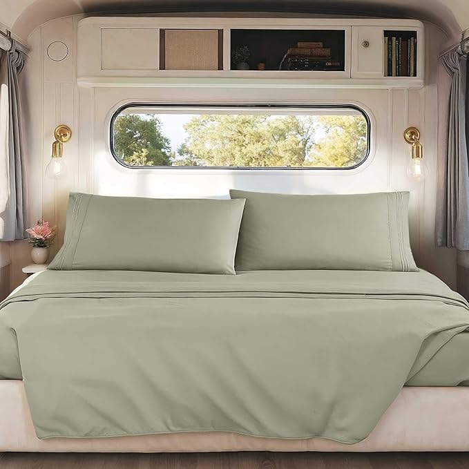 Hearth & Harbor Short Queen Sheets for RV, Sage Green RV Queen Sheets, Silky Soft 1800 Microfiber Bed Sheet for Camper, 4 Piece RV Bedding with Pillowcases