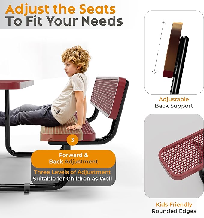 Metal Picnic Furniture for Outdoors with Umbrella Hole - Coated Steel Heavy Duty Commercial Grade Table with Adjustable Seats, Patio Set for a Lifetime (Red, 6' Rectangular with Back)