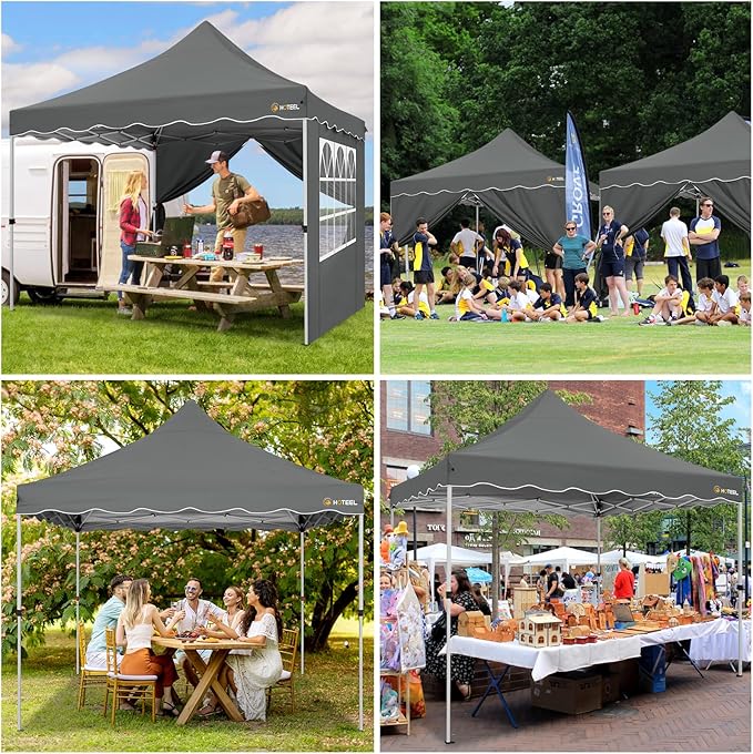 HOTEEL Canopy Tent 10x10 Pop Up Canopy with 4 Removable Sidewalls, Sandbags, Stakes & Ropes, UPF 50+ Easy Setup Canopy Tent Waterproof Outdoor Instant Portable Shelter for Party, Events, Vendor, Gray