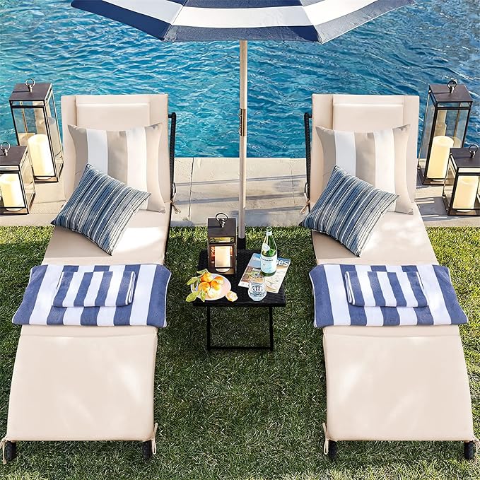 GUNJI Lounge Chairs for Outside 3 Pieces Patio Adjustable Chaise Lounge Outdoor Wicker Lounge Chairs Set of 2 with Table Folding Chaise Lounger for Poolside, Deck, Lawn (Beige)