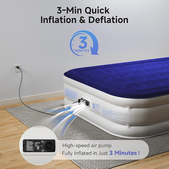 Sebor Air Mattress Queen with Built-in Pump 18", Comfortable Self-Inflating Air Mattress with High-Speed Pump, Durable Blow Up Mattress Queen with Storage Bag for Guests, Camping, Travel