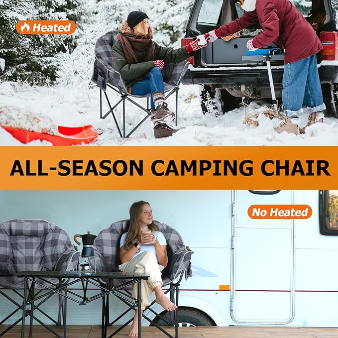 LILYPELLE Oversized Heated Camping Chair, Patio Lounge Chairs with 3 Heat Levels, Portable Folding Heated Chair Round Moon Saucer Folding Lawn Chair Outdoor Chair for Camping, Lounge Patio