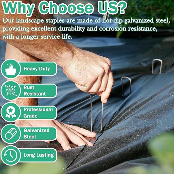 Landscape Staples, 100 Pack 4/6/8/10 Inch 11 Gauge Galvanized Garden Staples, Landscape Stakes for Gardening, Garden Yard Lawn Ground Stakes for Securing Weed Barrier Fabric, Irrigation Tubing, Fence