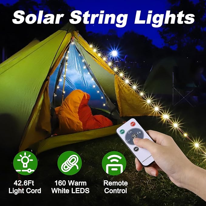 SMY Lighting 4 in 1 Solar Camping String Lights, 42.6Ft Ultra Long String with 160LEDs, Solar Powered and USB Rechargeable Light with Remote Control, Portable Camping Light for Hiking, Decorations