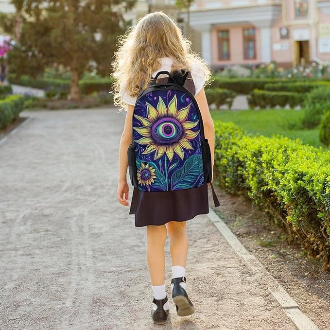Men Women Polyester Trippy Eyes Flower Sunflower Daypack Big Capacity Shoulder Bag With Smooth Zippers for Hiking Work Walking Cycling