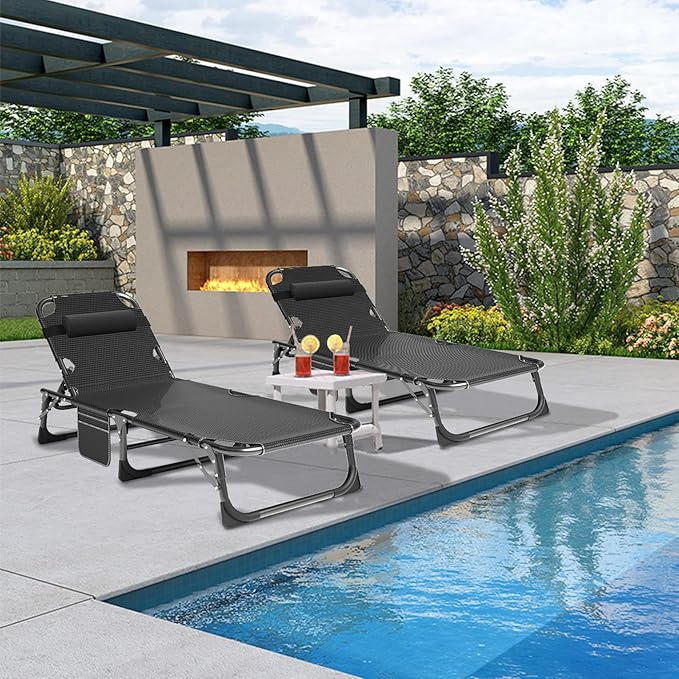 ABORON 5 Positions Camping Cots for Adults,Outdoor Folding Sleeping Cot/Mat,Folding Chaise Lounge Chair with Pillow,Portable Reclining Chair for Beach Lawn Camping Pool,Sunbathing Chairs