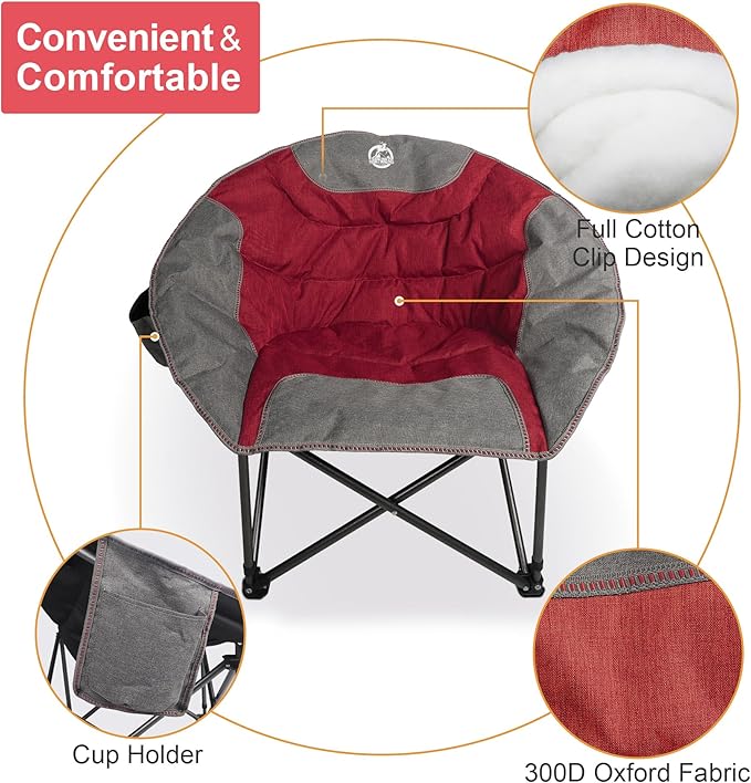 Northroad Folding Compact Camping Moon Chair, Outdoor Padded Saucer Round Chair w/Cup Holder Supports up to 300 lbs for Beach Hiking Fishing Picnic Lawn,Red