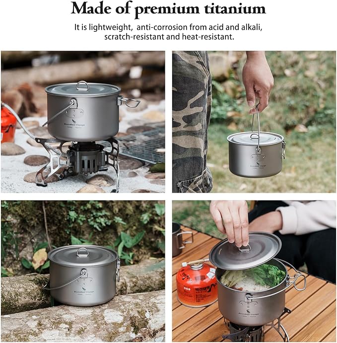 Boundless Voyage Titanium Hanging Pot for Outdoor Camping Backpacking Hiking Ultralight Portable Cooking Pot Camp Kitchen Cookware 1300ML/1950ML/2900ML