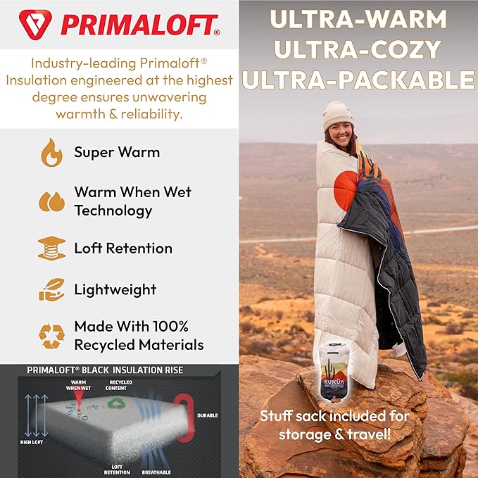 Versatile Packable Outdoor Camping Blanket, Puffy Blanket, Primaloft® Insulation, Warm, Durable, Lightweight, Waterproof, Oversize, Beach, Stadium, and More! 55"x80" (Golden Foliage)