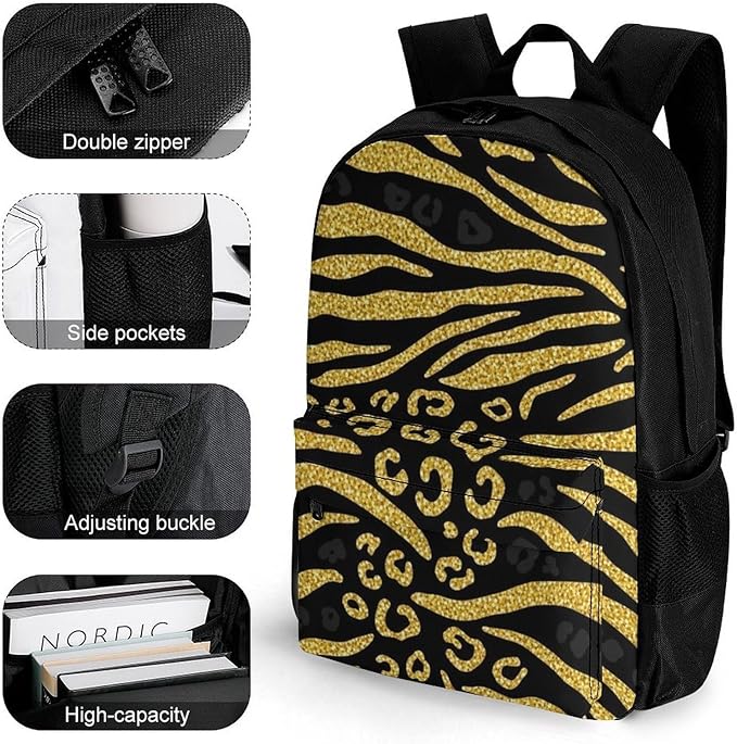 Supdreamc Polyester Daypack Backpack for Climbing Outdoors Running, Big Capacity Multipurpose Anti-Theft Bookbag, Gold Glitter Animal Skin Tiger Stripes Print Travel Hiking Camping Rucksack