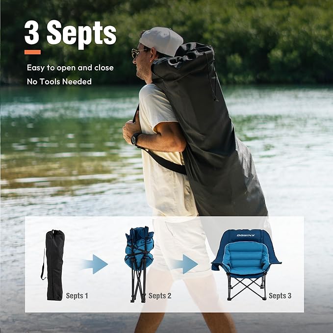 Dowinx Oversized Camping Chair for Adults - Extra Large, Folding Lawn Chair with Cup Holder, 3-Level Adjustable, 400 lbs Capacity, Blue