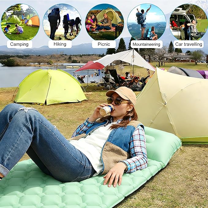 SNZ Camping Sleeping Pad, Ultralight Camping Mat with Pillow, Built-in Foot Pump Inflatable Sleeping Pads Compact for Backpacking, Tent, Travel, Outdoor Activities (Single)
