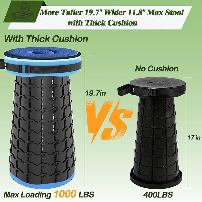 ALEVMOOM 2025 Upgraded XXL Collapsible Stool with Cushion 19.7",1000lbs Max Weight,Wider & Taller Pop Up Seat, Heavy Duty Portable Retractable Folding Chair or Travel Foot Rest for Camping & Outdoors