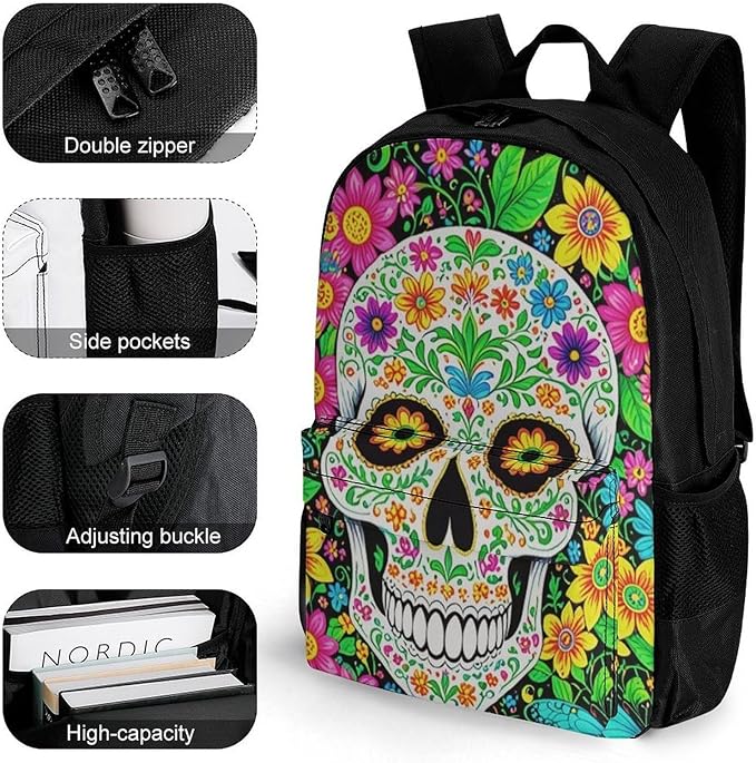 Supdreamc Daypack Lightweight Multipurpose Anti-Theft Colorful Floral Sugar Skull Shoulder Bag Large Capacity Laptop Book Bag Rucksack With Adjustable Shoulder Straps
