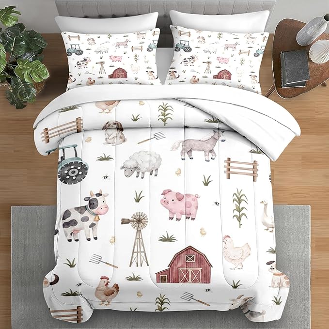Comforter Set Twin Size, Farm Animal Cow 5 Pcs Bedding for Kids and Adults, Autumn Cute Tractor Bed Sheet Sets with Fitted Sheet Pillowcase & Sham for Bedroom Bed Decor