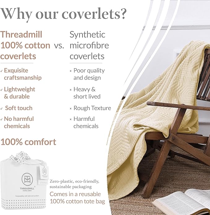 Threadmill Luxury Cotton Blankets for King Size Bed | All-Season Cozy 100% Cotton King Size Blanket | Aster Jacquard Soft & Lightweight Coverlet fits California King Size Bed, 104x92 | Vanilla Cream