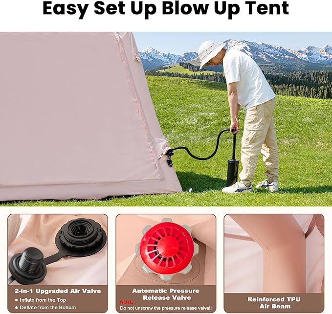 Inflatable Tents for Camping, Blow Up Tent with Hand Pump, Easy Setup Inflatable Hot Tent with Stove Jack, Waterproof Oxford Air Glamping Tents for Camping Adult 4 Person Upgrade Version