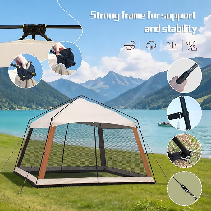 12 x 12 FT Camping Screen Tent for 8-10 Person, Easy Setup Screen House with UV 50+ Sun Protection & Mosquito Net for Camping, Backyard, Picnic, Patio Outdoor Beige & Brown