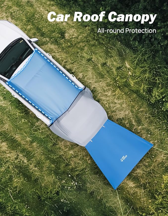 JOYTUTUS SUV Tailgate Tent with Big Awning, Water Resistant SUV Camping Tent with Car Roof Cover, Universal Fit Most Suvs, Car, Grey Blue