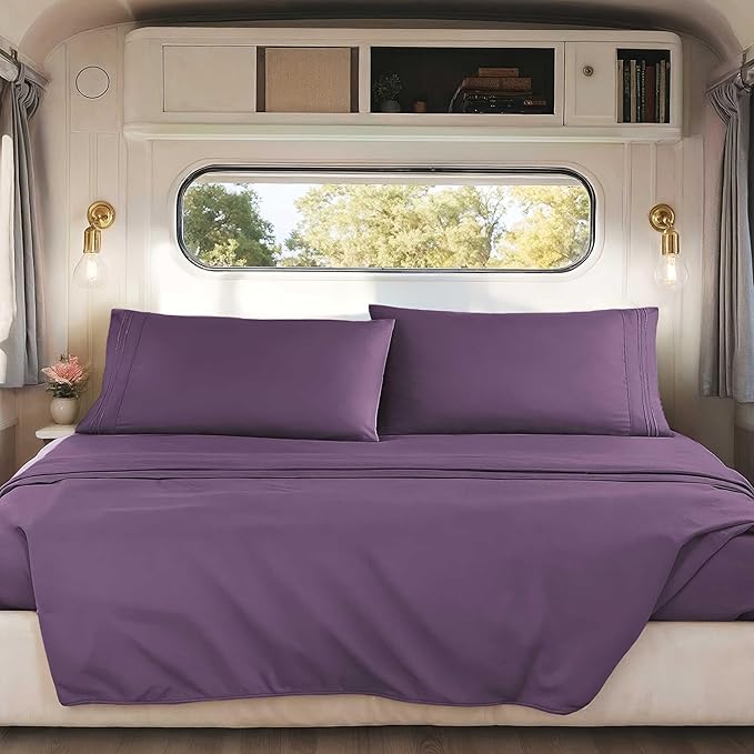 Hearth & Harbor Short Queen Sheets for RV, Purple RV Queen Sheets, Silky Soft 1800 Microfiber Bed Sheet for Camper, 4 Piece RV Bedding with Pillowcases