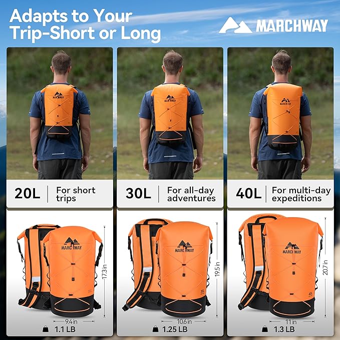 MARCHWAY Floating Roll Top Dry Bag, Flexible Lightweight TPU Waterproof Backpack 20L/30L/40L with Padded Straps for Boating, Kayaking, Swimming, Hiking, Beach (Orange, 30L)
