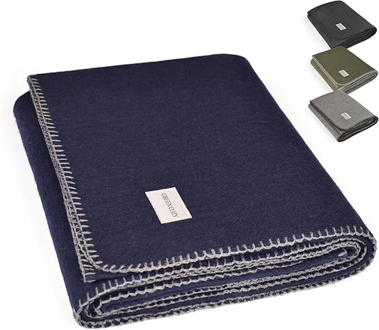 Military Style Wool Blanket – Cushioned, Breathable, Durable, Warm & Washable – Double-Stitched Border–Great for Camping, Outdoor, First Aid, Travel, Car–Fire-Resistant – 64"x90" 4.5 lb (Navy Blue)