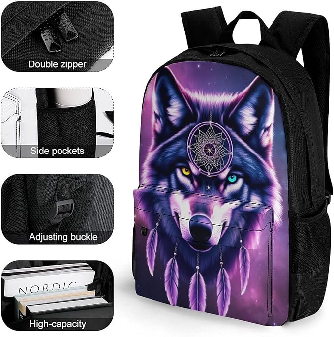 Supdreamc Lightweight Daypack Backpack for Sports Travel Running, Large Capacity Multipurpose Anti-Theft Bookbag, Dream Catcher Wolf Space Fantasy Laptop Backpack Daypack