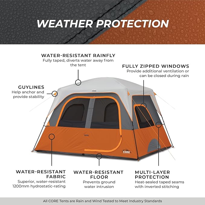 CORE Tent for Family Camping | 4 Person & 6 Person Portable Camp Tent with Carry Bag for Outdoor Car Camping | Included Gear Loft Organizer for Camp Accessories