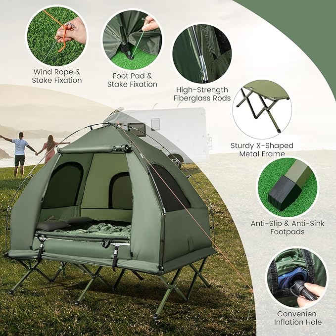 Goplus Camping Tent Cot, 5-in-1 Folding Camping Bed with Air Mattress, Pillow, Sleeping Bag, Waterproof Elevated Tent Shelter, Portable Outdoor Sleeping Cot with Carry Bag for Picnic, Trip