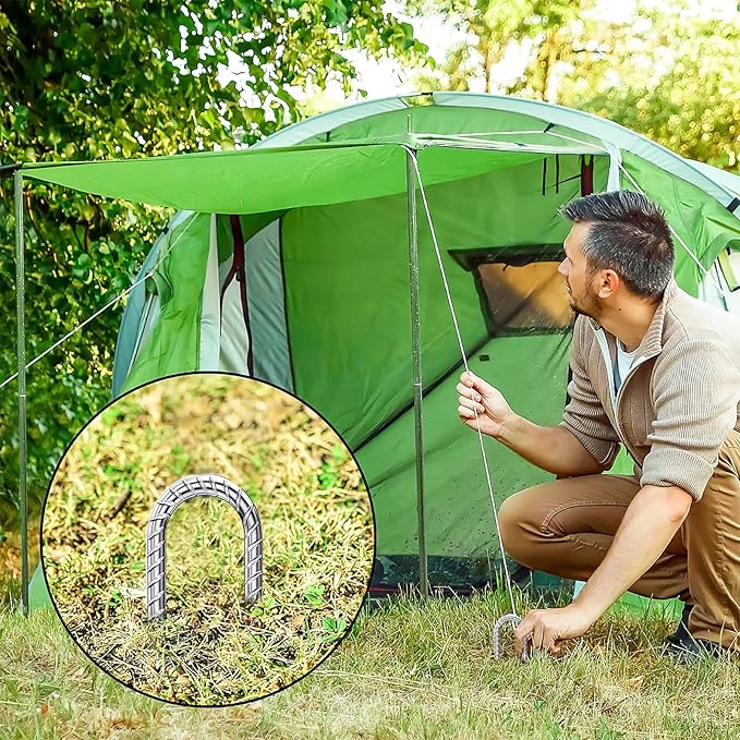 Rebar-Stakes-12-Inch-Galvanized, U Hook Trampoline Stakes 6 Pack Ground Anchors Tent Stakes Heavy Duty for Plants Anti-Rust Landscape Fabric Stakes Artificial Turf