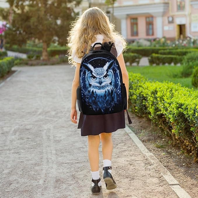 Men Women Lightweight Fantasy Beautiful Owls Art Casual Daypack Big Capacity Bookbag With Padded Straps for Gym Travel Walking Cycling