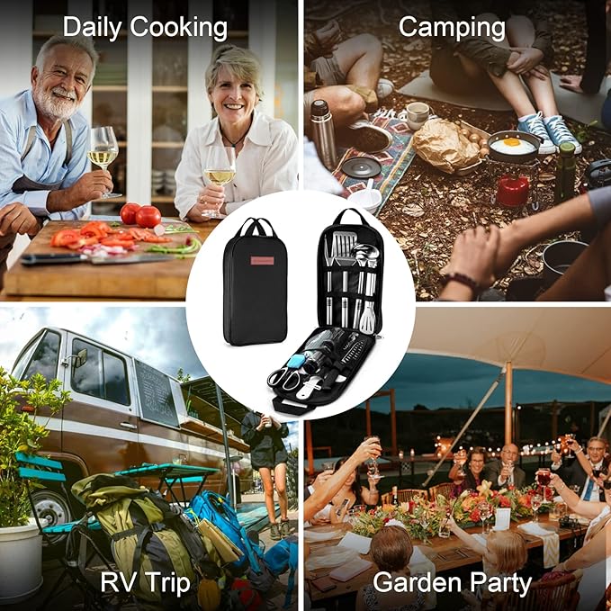 Odoland 14pcs Camping Cookware, Stainless Steel Camping Cooking Utensils Set, Portable and Compact Carry Case, Outdoor Travel Kitchen Kit for Grilling, Backpacking, Picnic and BBQ