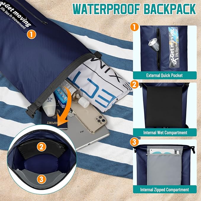 BKNOOU Dry Bag Waterproof for Women Men, 10L/20L Roll Top Lightweight Dry Storage Bag Backpack for Travel, Kayaking, Boating, Rafting, Camping, Hiking and Beach, with Phone Case (Navy Blue, 20L)