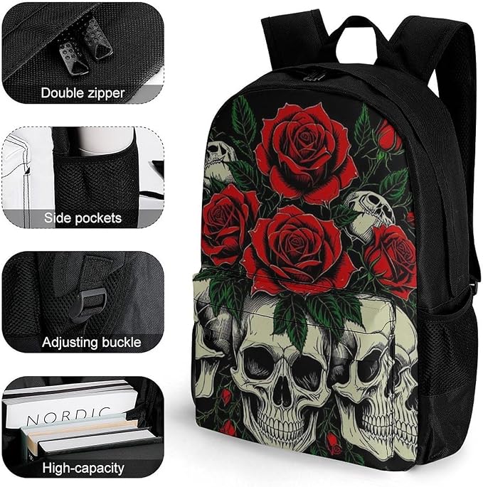 Shoulder Book Bags Polyester Multipurpose Anti-Theft Skull Red Rose Florals Art Carry On Bag Large Capacity Travel Hiking Camping Rucksack