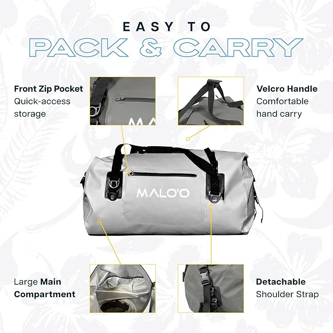 Malo’o Waterproof Dry Duffel, Heavy-Duty Roll Top Waterproof Gear Bag with Shoulder Strap & Molle Loops, Marine Duffel for Kayaking, Boating, Camping, Beach & Travel, Grey, 40L