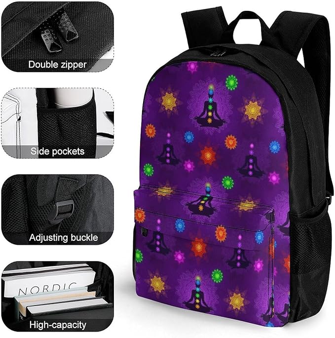 Men Women Lightweight Seven Chakra Yoga Meditation Lotus Purple Mandala Casual Daypack Large Capacity Bookbag With Adjustable Shoulder Straps for Gym Business Bicycle