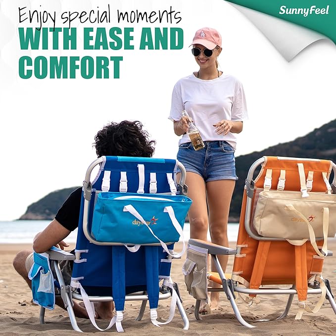 SUNNYFEEL Low Beach Chair 5 Position Lay Flat, Portable Folding Backpack Beach Chairs Heavy Duty with Cooler Bag, Cup Holder for Outdoor/Lawn/Trip/Picnic/Fishing, Foldable Camping Chair
