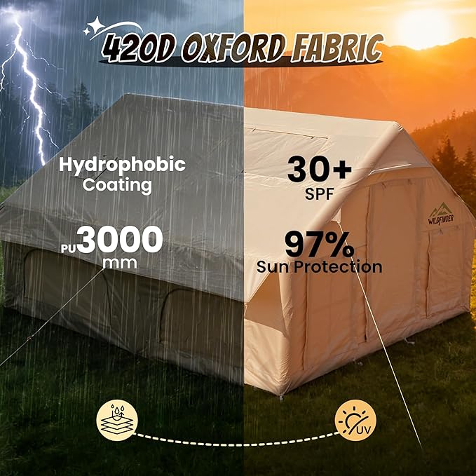 Inflatable Tent with Skylight, Quick Setup Blow Up Tents with Pump, Hot Tent with Stove Jack, Waterproof Oxford Inflatable House for Camping, Air Glamping Tents for Camping Adult 4-6 Person