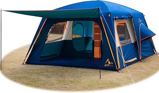 KTT Extra Large Tent 6-10-12-14 Person(B),Family Cabin Tents,2 Rooms,3 Doors and 3 Windows with Mesh,Straight Wall,Waterproof,Double Layer,Big Tent for Outdoor,Picnic,Camping,Family Gathering