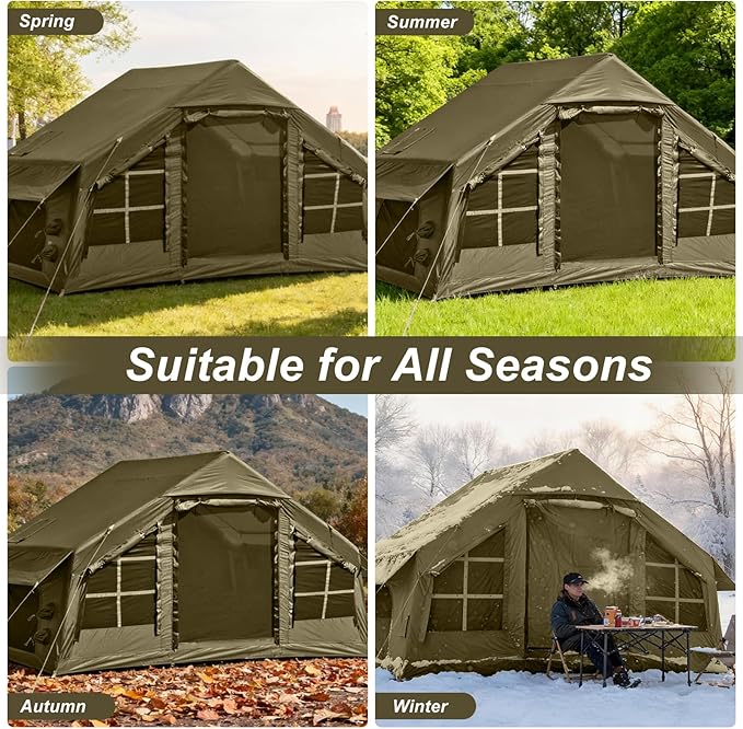 Inflatable Tents for Camping with Stove Jack, 2/4/6/8 Person Easy Setup Blow Up Tents for 4 Seasons Waterproof Inflatable Camping Tent with Awning, Air House Glamping Tents for Camping Adult