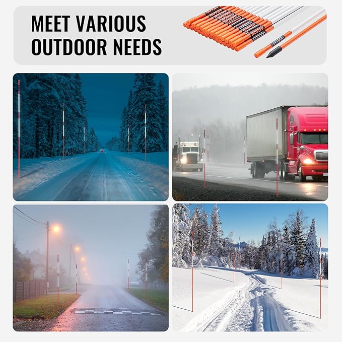 VEVOR Driveway Markers, 50 PCS 48 inch, 0.31 inch Diameter, Orange Fiberglass Poles Snow Stakes with Reflective Tape, 12" Steel Drill Bit & Protection Gloves for Parking Lots, Walkways Easy Visibility