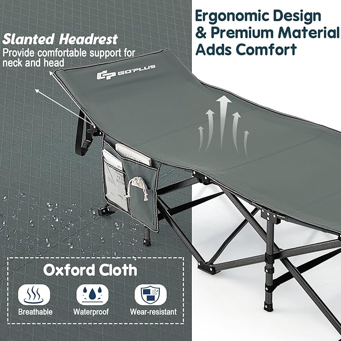 Goplus Folding Camping Cot, 27.5" Sleeping Cot for Adults with Carry Bag, 600LBS Weight Capacity, Slanted Head, Side Pocket, Heavy Duty Portable Camping Bed for Kids, Beach, Office Snap (Gray)